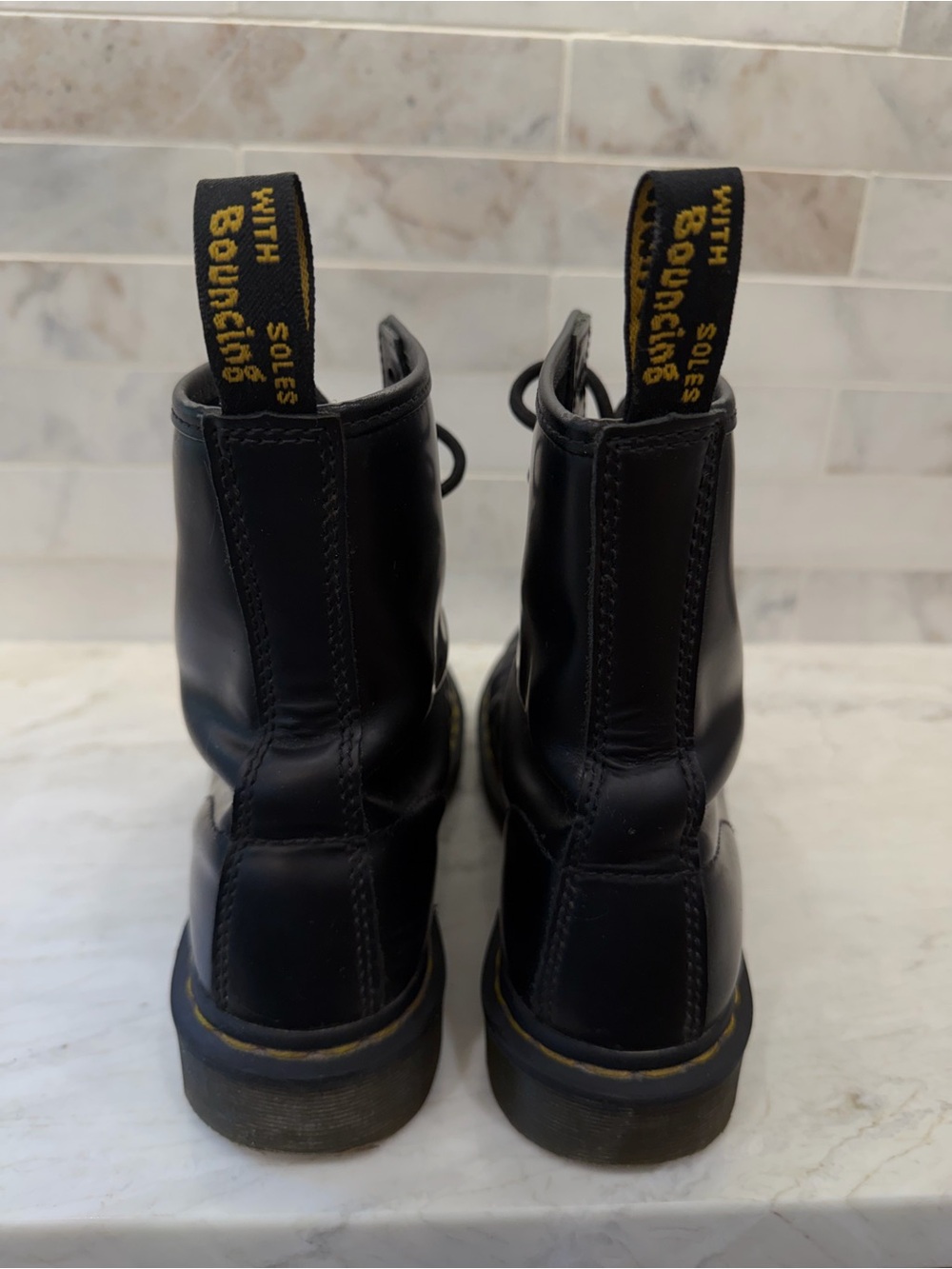 Dr. Martens Black Lace-Up Leather Combat Boots with Yellow Stitching - Picture 15 of 16